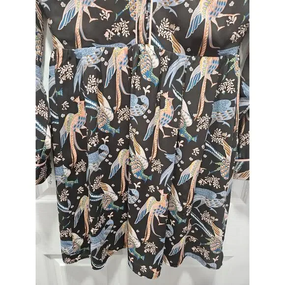 LOFT Womens 0 2 Petite Peacock Snow Bird Print Long Sleeve Dress Crew Neck - Picture 3 of 9